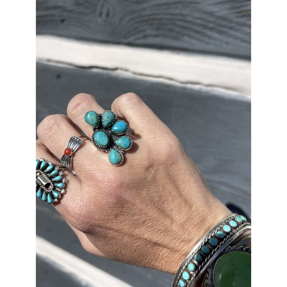 Sterling Silver NATIVE Style Turquoise Cluster Ring Size 7 Large SW Statement - Picture 4 of 11